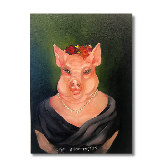 Original oil painting of a glamorous pig wearing pearls and a flower crown, titled Lady Snortington, by New Zealand artist Nola Weber
