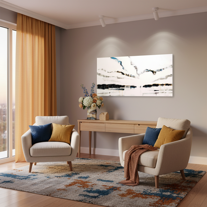 Landscape under a chaotic sky painting by Bruce Mortimer displayed in contemporary living room with ceramic vase filled with blue and peach flowers, small house sculpture, and colorful accents echoing the artwork's palette