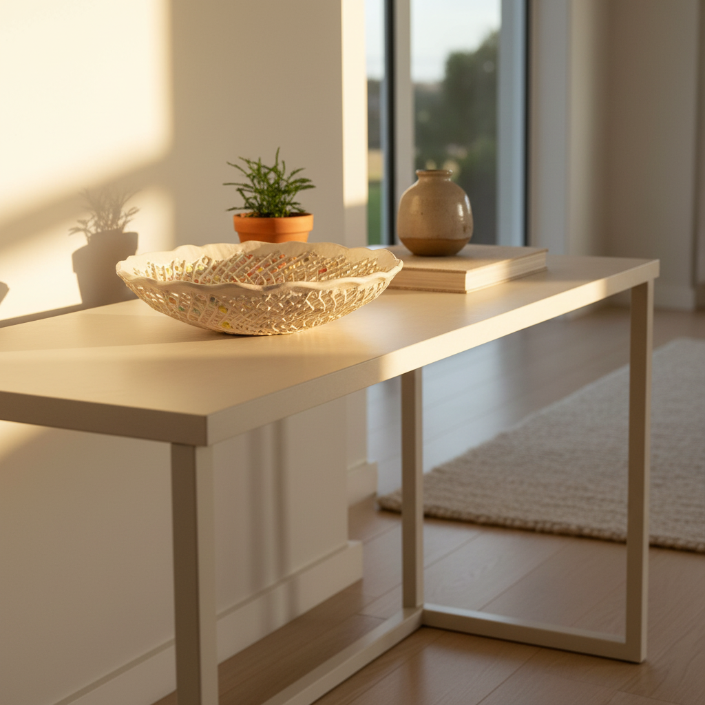 Lattice Bowl by Tom Somerville styled in contemporary home showcasing intricate interwoven craftsmanship with natural light
