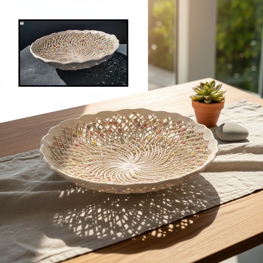 Lattice Bowl by Tom Somerville styled in contemporary home showcasing intricate interwoven craftsmanship with natural light
