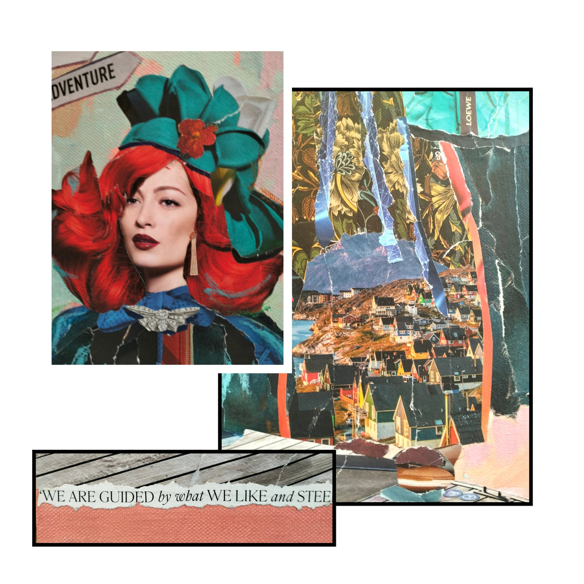 Close up of Let the Journey Begin — ripped paper collage on canvas by Janice Corbishley, showing a layered figure of a woman with red hair and travel destination signpost, 38 x 76cm, Red Peach Gallery
