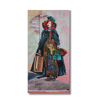 Let the Journey Begin — ripped paper collage on canvas by Janice Corbishley, showing a layered figure of a woman with red hair and travel destination signpost, 38 x 76cm, Red Peach Gallery
