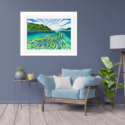 Framed seascape watercolour painting by Raewyn Harris titled "Let’s Just Go With the Flow" in swirling blues with soft horizon tones.