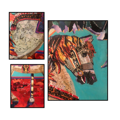 Close up details of original ripped paper collage of a carousel horse in bold reds, teal and gold on canvas — Year of the Fire Horse by Janice Corbishley
