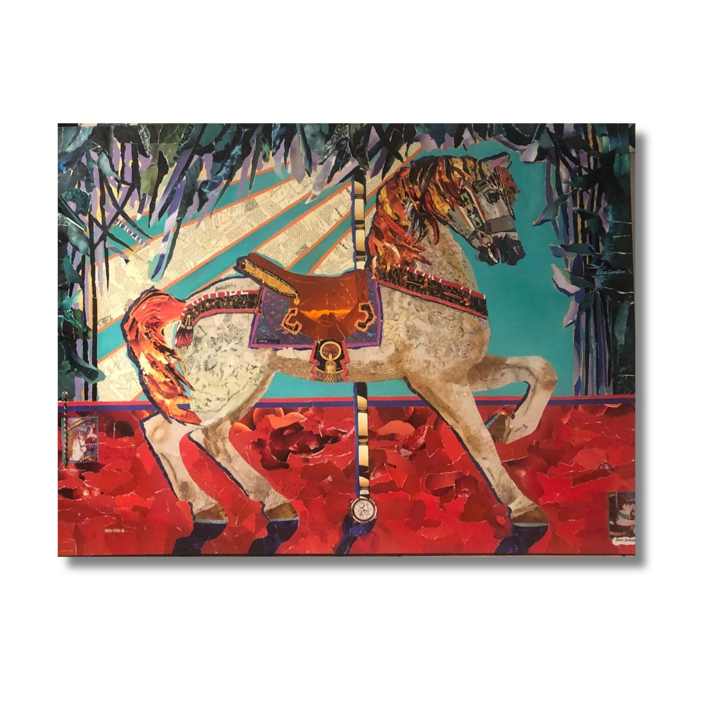 Original ripped paper collage of a carousel horse in bold reds, teal and gold on canvas — Year of the Fire Horse by Janice Corbishley, 122 x 91cm
