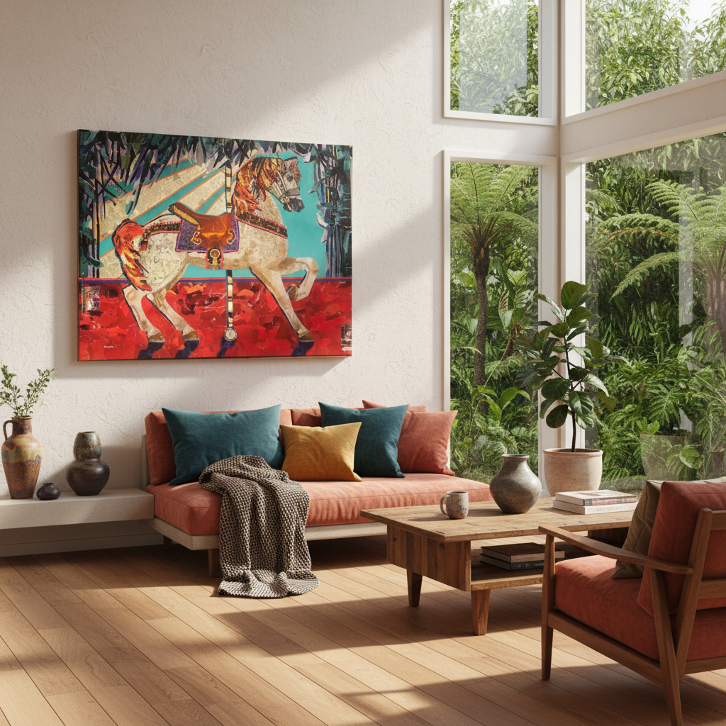 Liberations, Ripped Paper collage of a carousel horse in a home mockup