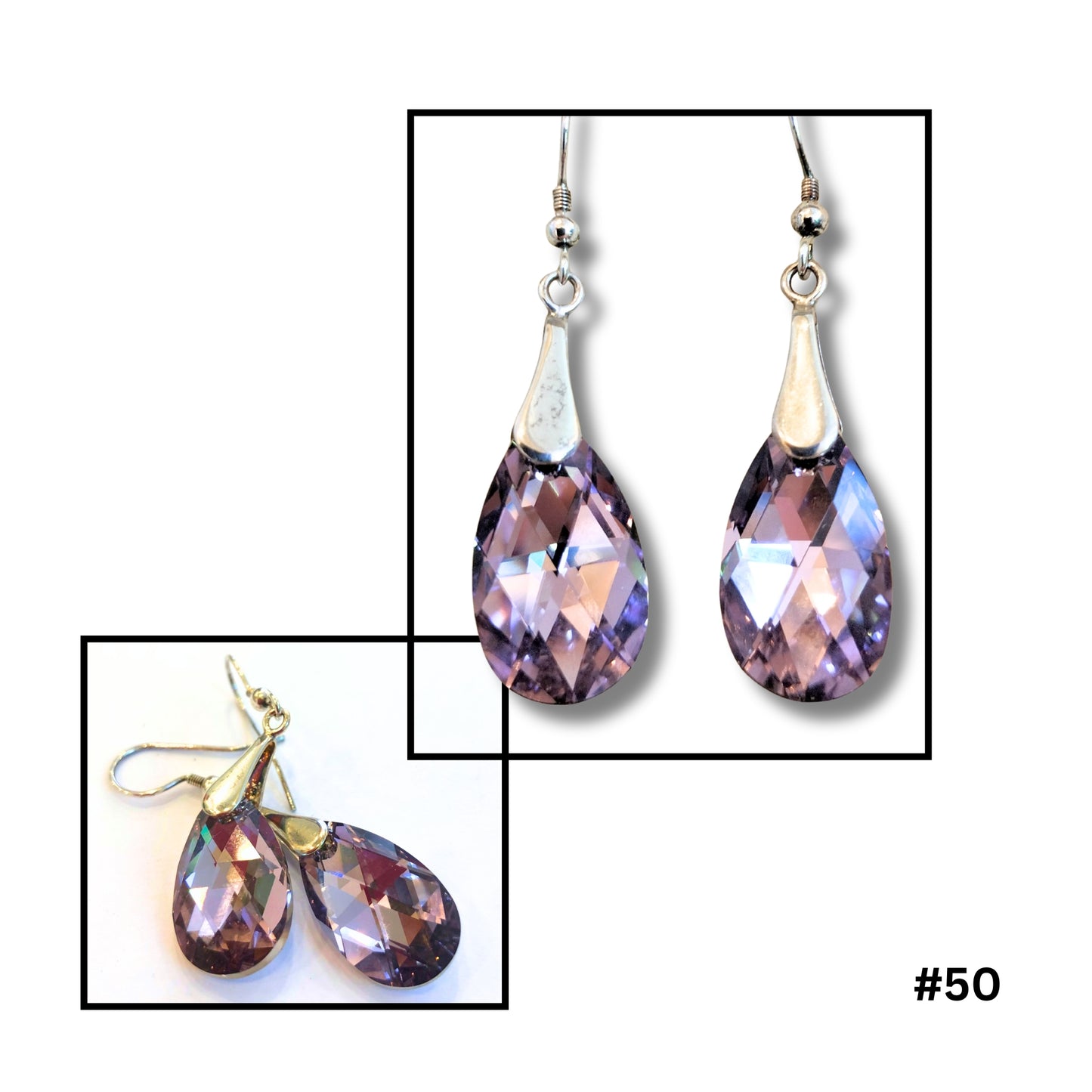 Light amethyst crystal teardrop earrings with iridescent shimmer and silver ear wires by Diane Davidson