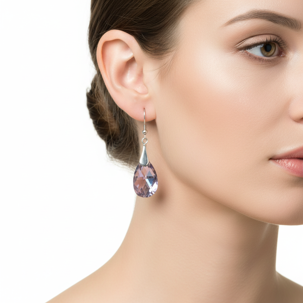 Light amethyst crystal earrings on model product shot
