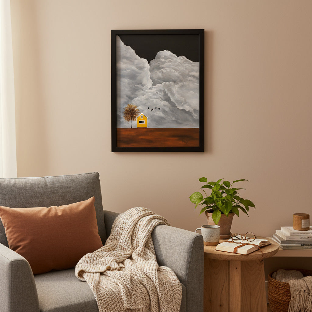 Little House on the Prairie  by Marion Aitken styled in a modern home interioron a beige wall.