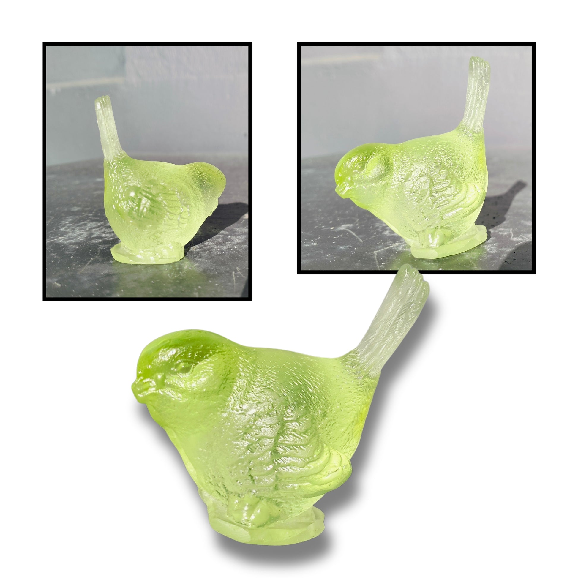 Small cast glass bird sculpture in lime green with tail up by Lou Mathieson, 5x4x5cm, on white background
