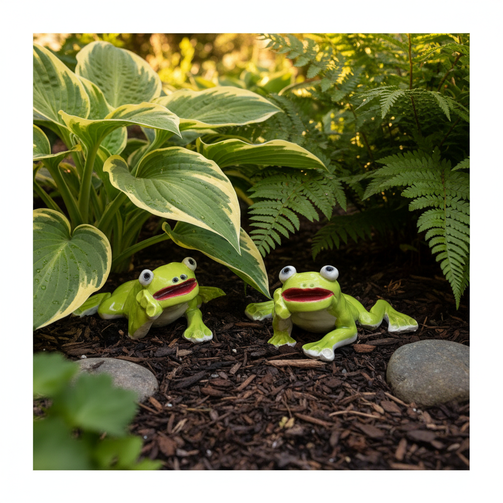 Lime green ceramic frogs in garden setting
