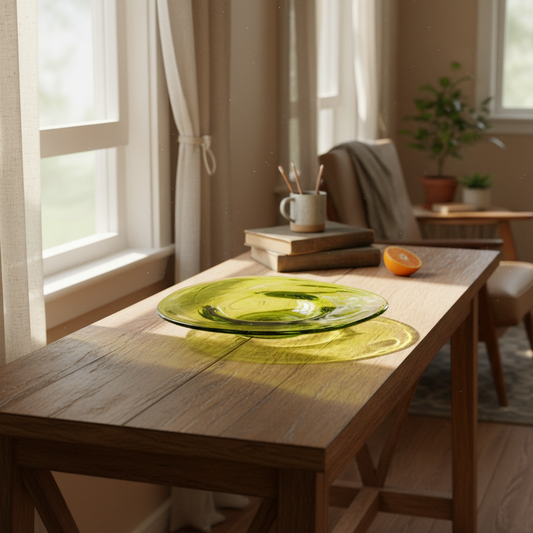 Lime green glass platter with natural light reflections