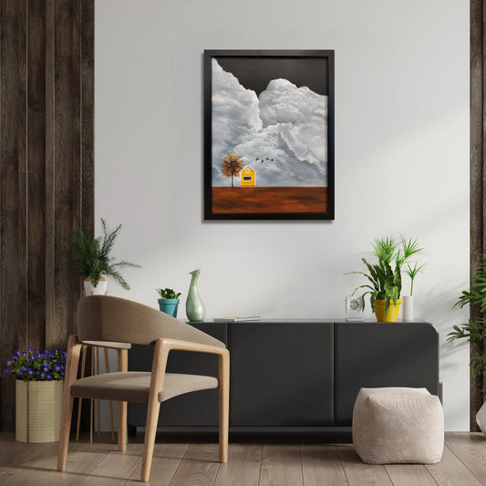 Little House on the Prairie artwork by Marion Aitken styled in a modern home interior