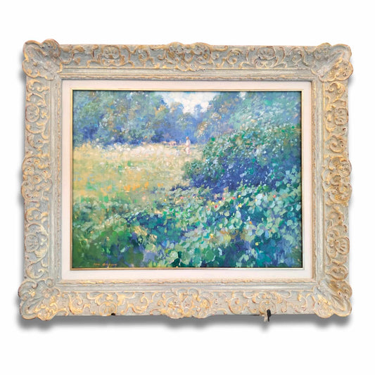 Framed original oil painting Looking for Wildflowers by NZ artist Ion Brown in ornate cream frame
