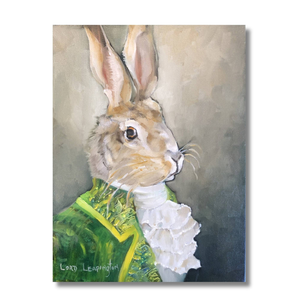 Lord Leapington by Nola Weber, an oil portrait of a tan rabbit in a green coat with gold trim and white neck ruffles, against a muted grey-green background.
