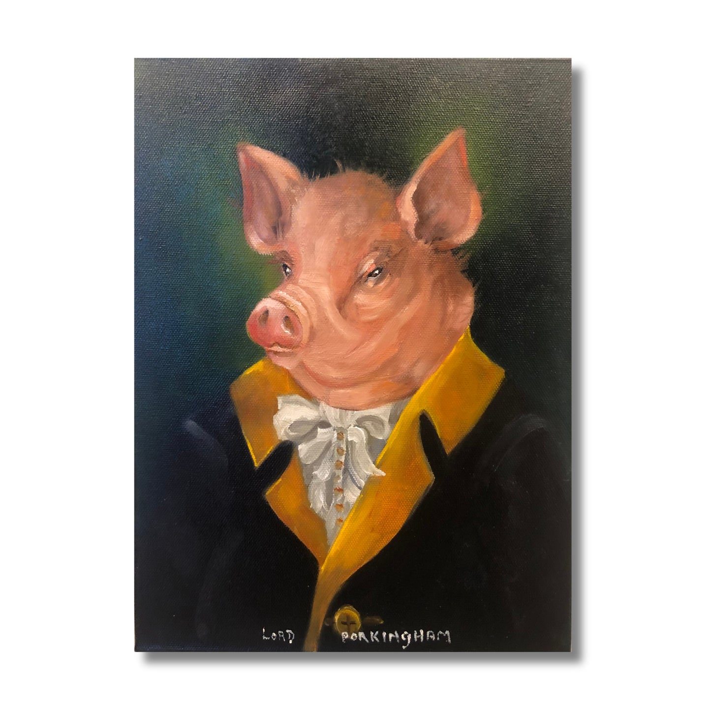 Original oil painting of a pig dressed in a dark jacket with gold lapels, titled Lord Porkingham, by New Zealand artist Nola Weber

