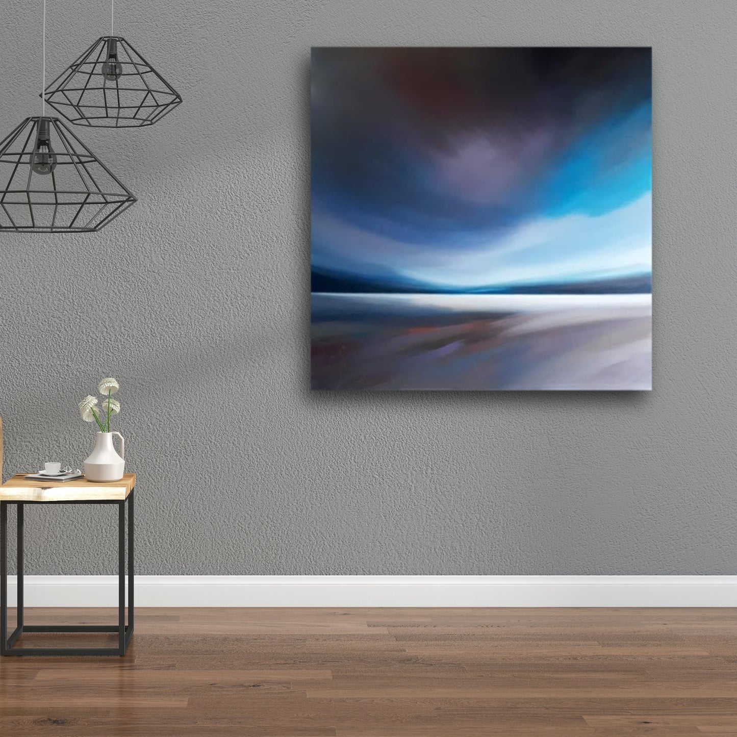 Tut Blumental’s ‘Low Tide’ abstract landscape painting featuring soft coastal hues and horizon, styled in a modern living space.