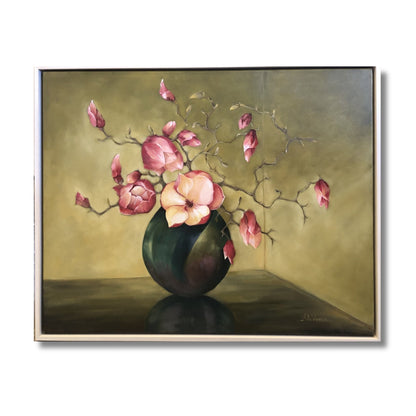 Lustre Vase — framed oil painting by Nola Weber showing magnolia branches in a dark lustrous vase against a golden-olive background, 79x64cm, Red Peach Gallery
