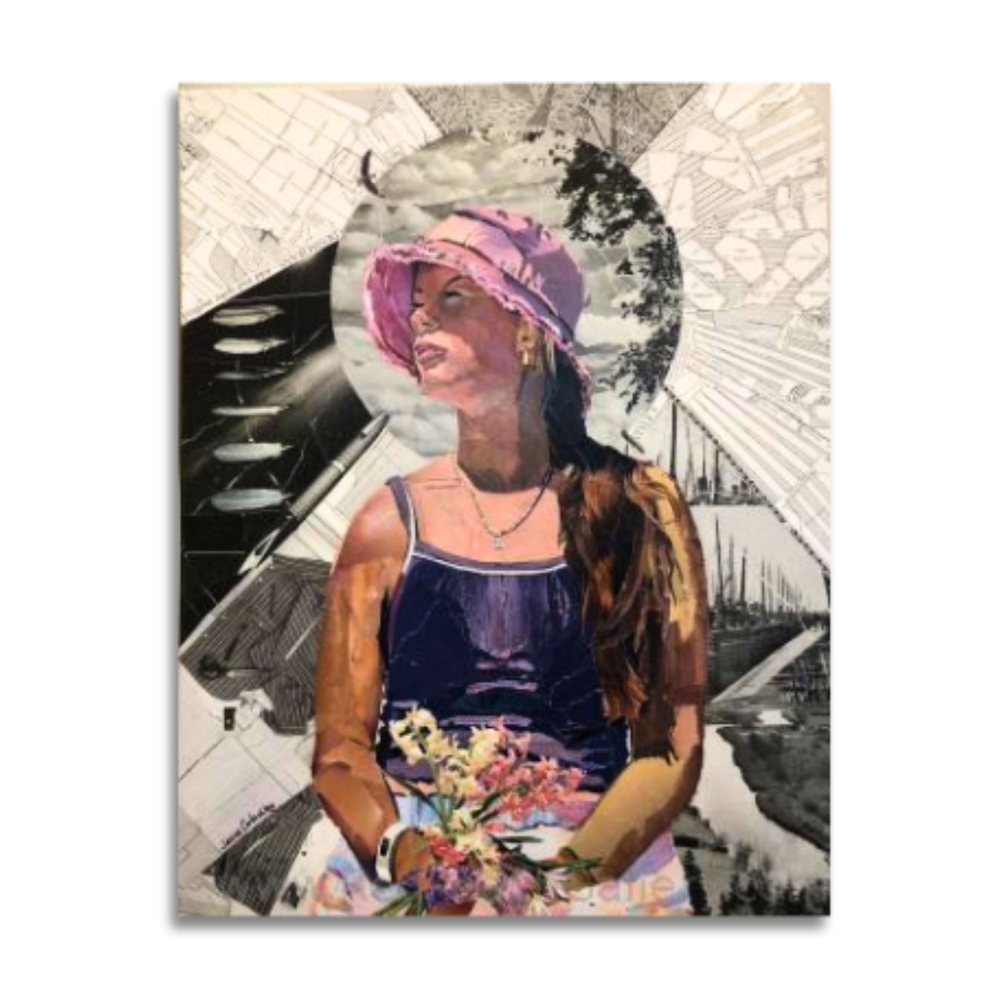 Ripped paper portrait of a young girl in a pink hat holding flowers, with sewing pattern elements and feathers in the background. Portrait orientation