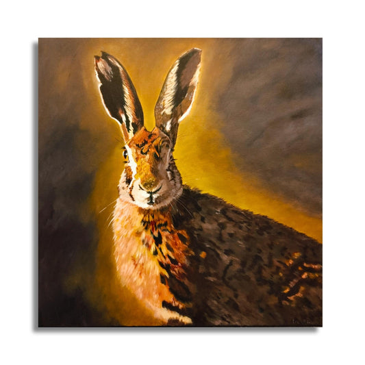 Majestic Hare oil painting – warm earthy tones with glowing light and soulful gaze