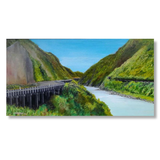 Scenic painting of the Manawatu Gorge surrounded by green hills and a clear blue sky.