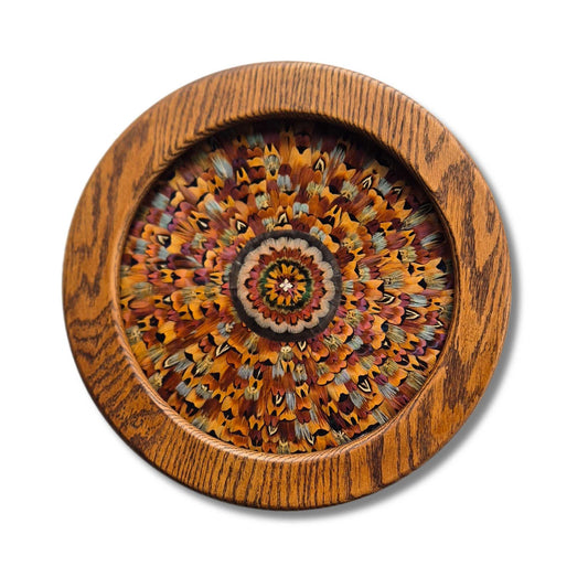 Circular feather mandala artwork by Fiona Gedson, pheasant and turkey feathers in warm amber and earth tones in a turned oak frame
