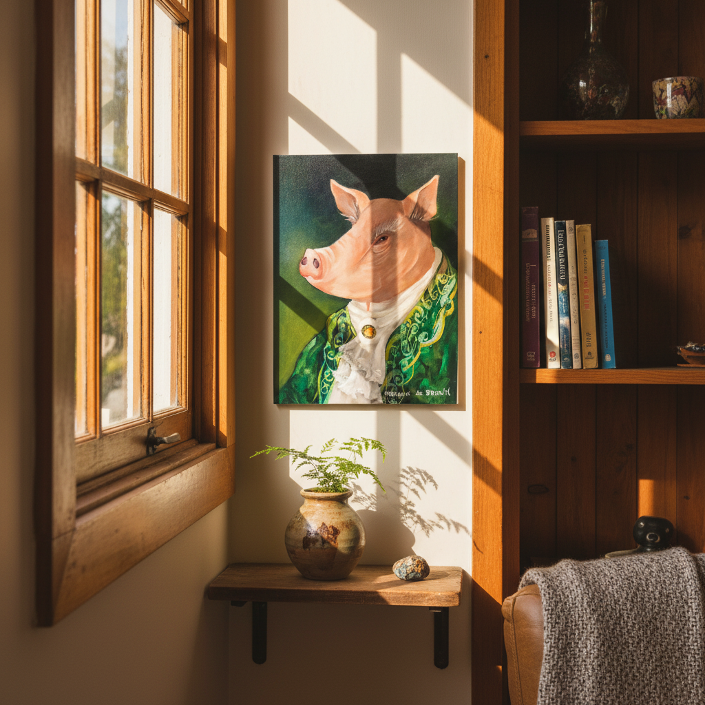 Small unframed oil painting of Marquis de Brawn by Nola Weber hanging in a warm, characterful NZ home interior
