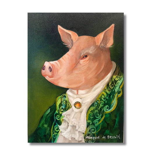 Original oil painting of a pig in an ornate embroidered green coat and ruffled cravat, titled Marquis de Brawn, by New Zealand artist Nola Weber
