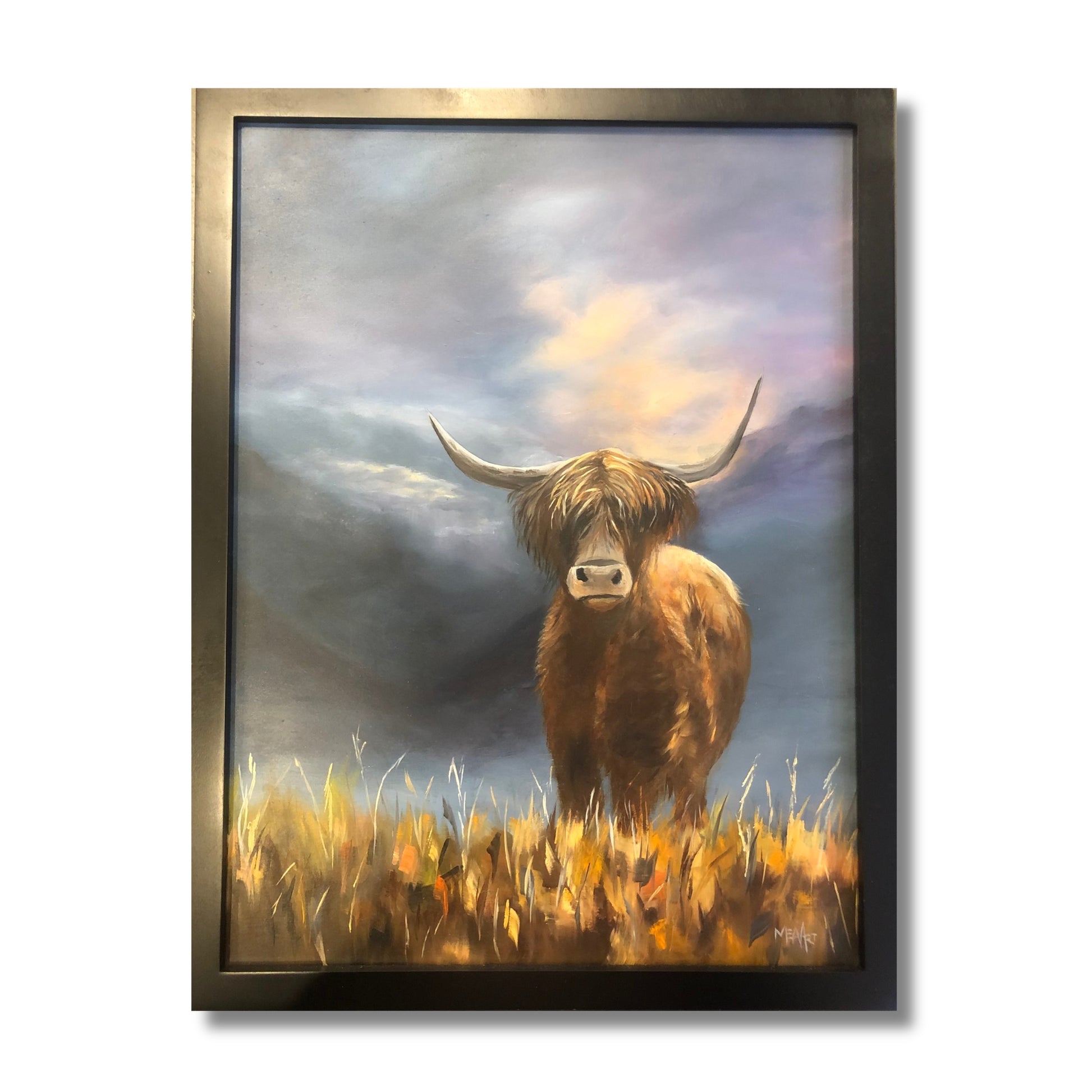 Oil painting of a Highland cow standing in golden grass under a dramatic stormy sky, by New Zealand artist Marion Aitken
