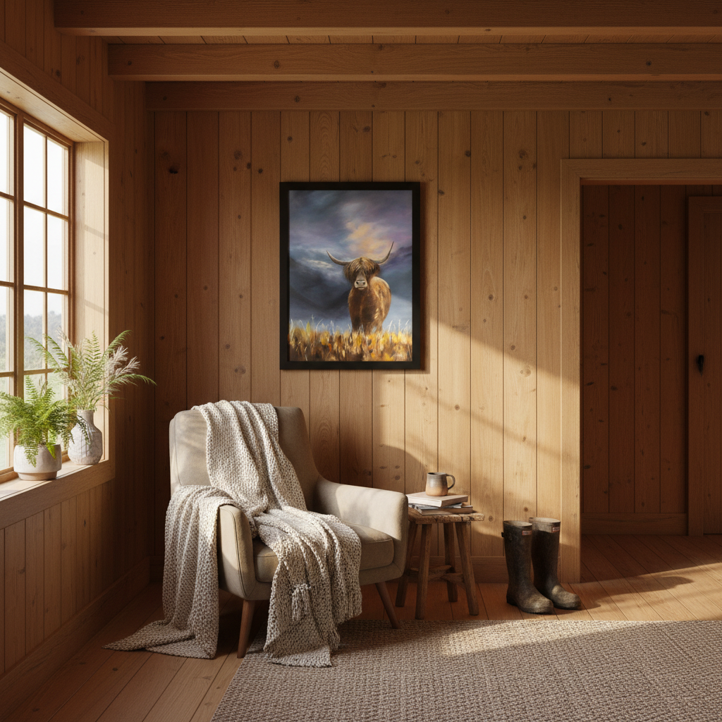 Marion Aitken's McCoo Highland cow oil painting in a gold frame hanging in a warm New Zealand rural home interior
