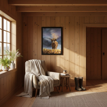 Marion Aitken's McCoo Highland cow oil painting in a gold frame hanging in a warm New Zealand rural home interior

