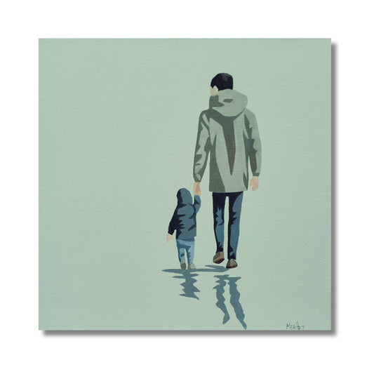 Me and My Dad painting by Marion Aitken showing adult and child walking together with reflections on soft green background

