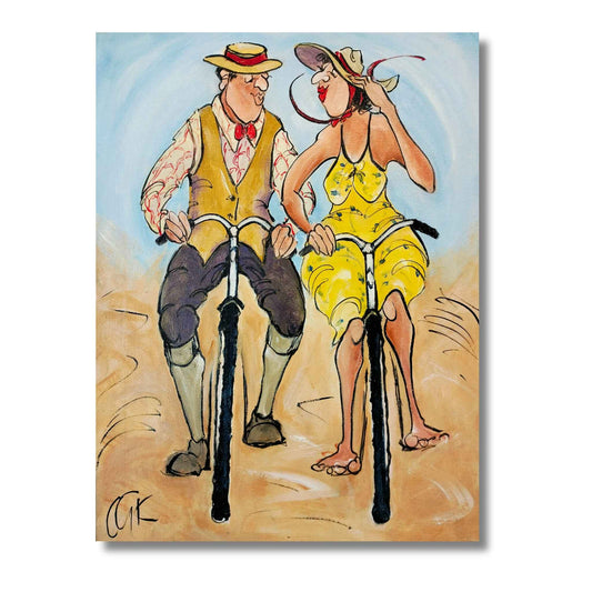 Me and You original acrylic painting by Chloe King, man and woman on bicycles side by side, 30x40cm, Red Peach Gallery
