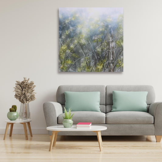 Meadow’s Edge artwork by Carol Theologo displayed in a modern home interior setting