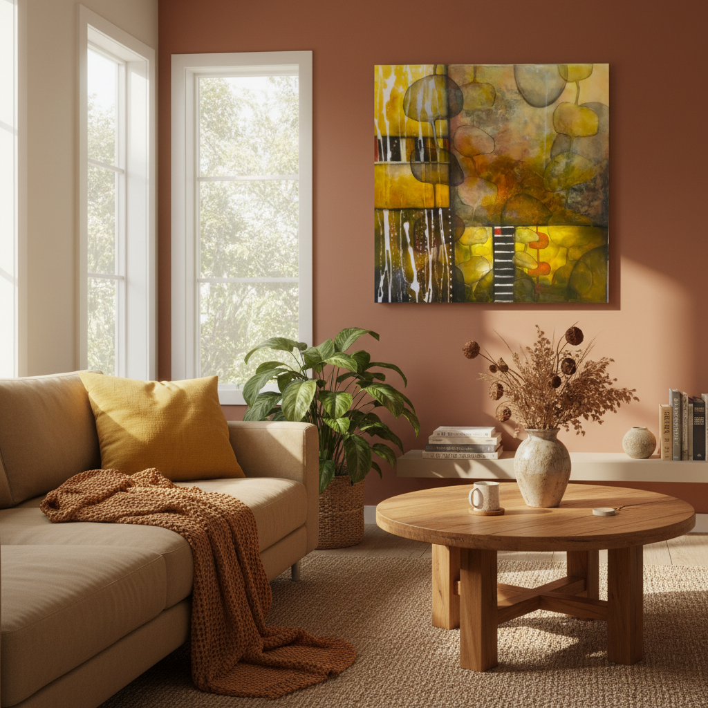 Square abstract acrylic painting Merging Our Bubbles by Clare Wilcox displayed in a warm contemporary home interior setting.
