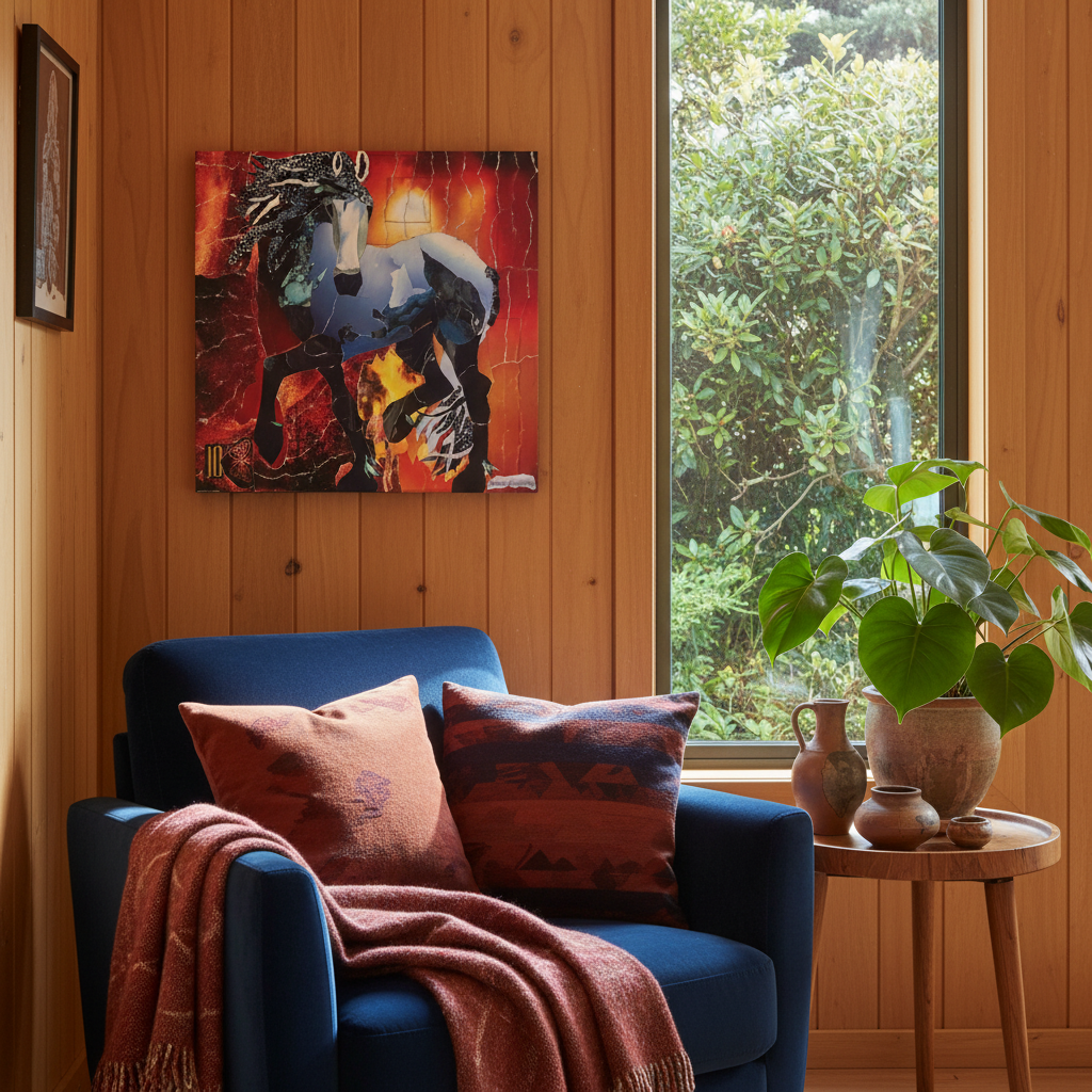 Small Year of the Fire Horse collage painting by Janice Corbishley displayed in a cosy nook in a warm contemporary New Zealand home
