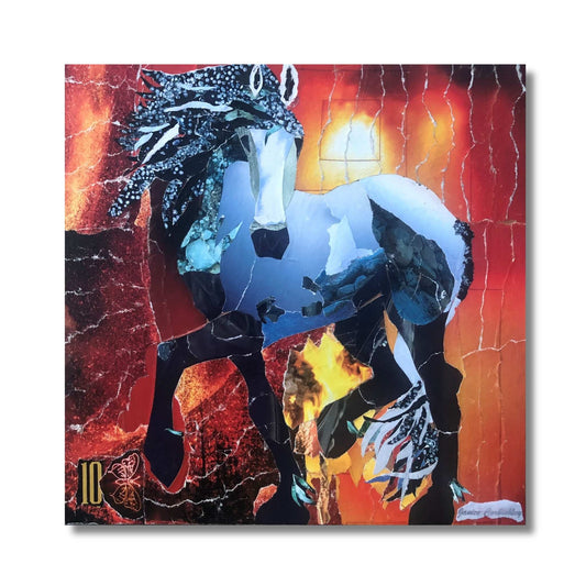 Small original ripped paper collage of a dark horse emerging from fire in deep blues, reds and orange on canvas by Janice Corbishley, 30 x 35cm
