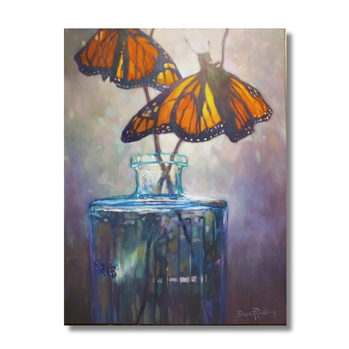 Oil painting of two monarch butterflies resting on a blue glass bottle by New Zealand artist Brent Redding, unframed canvas
