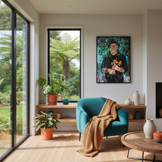 Monday Painter framed portrait collage by Janice Corbishley displayed in a warm contemporary New Zealand home interior
