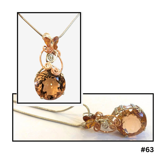  Round morganite pendant in peachy-pink with gold-filled wire scrollwork on silver chain by Diane Davidson