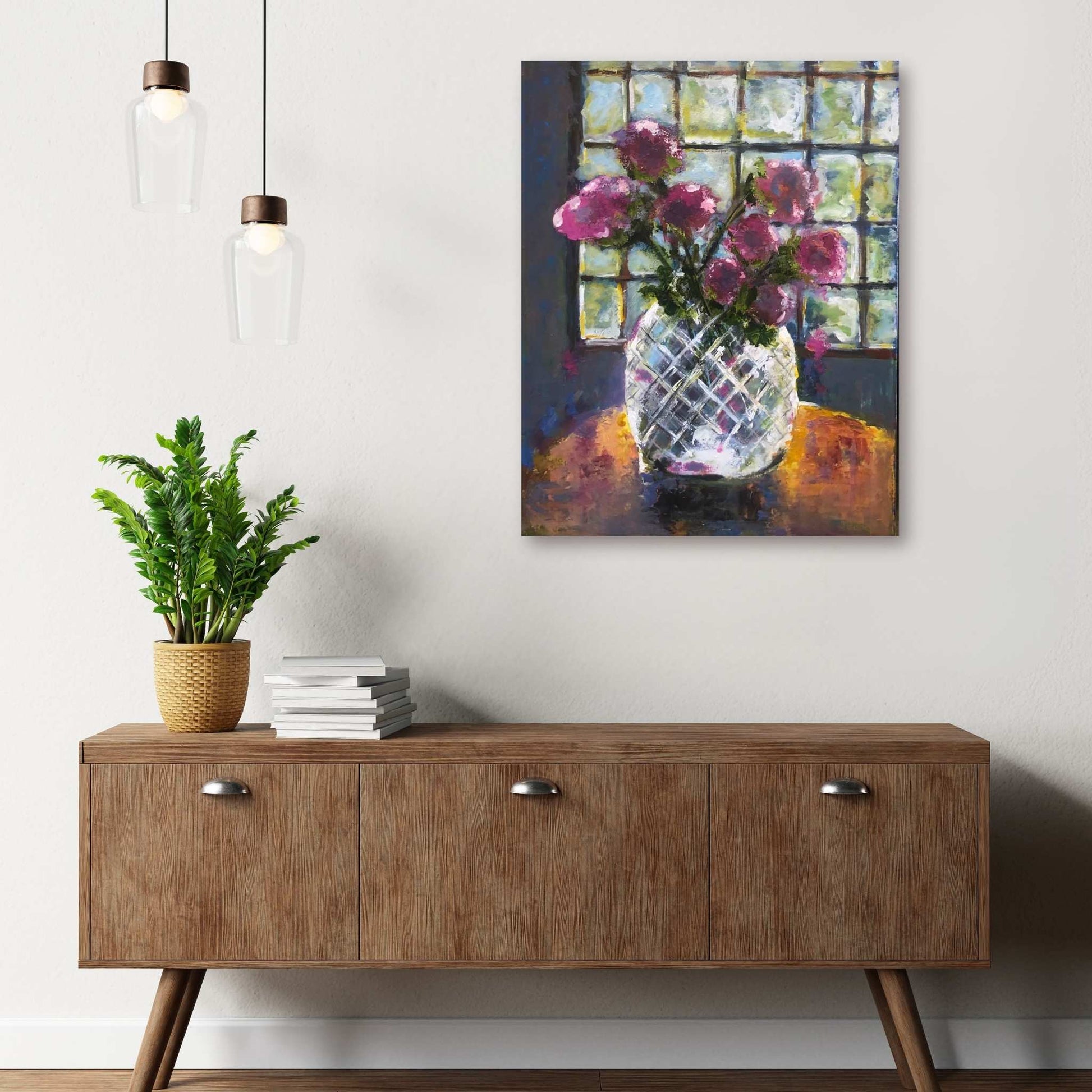 Morning Light by Jenny Bishop displayed in a home interior — floral oil painting adding brightness, calm, and gentle renewal to the space