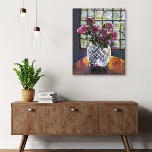 Morning Light by Jenny Bishop displayed in a home interior — floral oil painting adding brightness, calm, and gentle renewal to the space