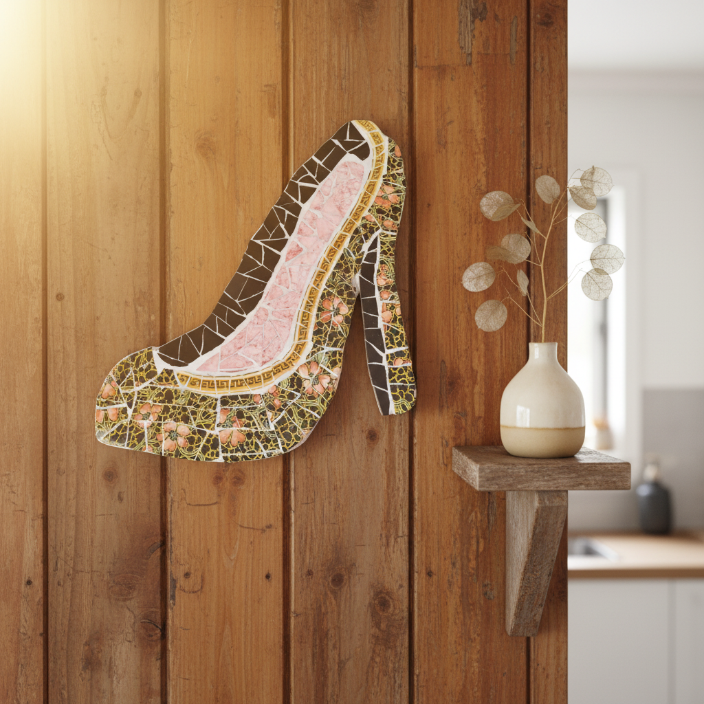 Mosaic shoe wall hanging pink artist Janice Corbishley in home mockup


