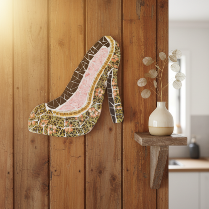 Mosaic shoe wall hanging pink artist Janice Corbishley in home mockup


