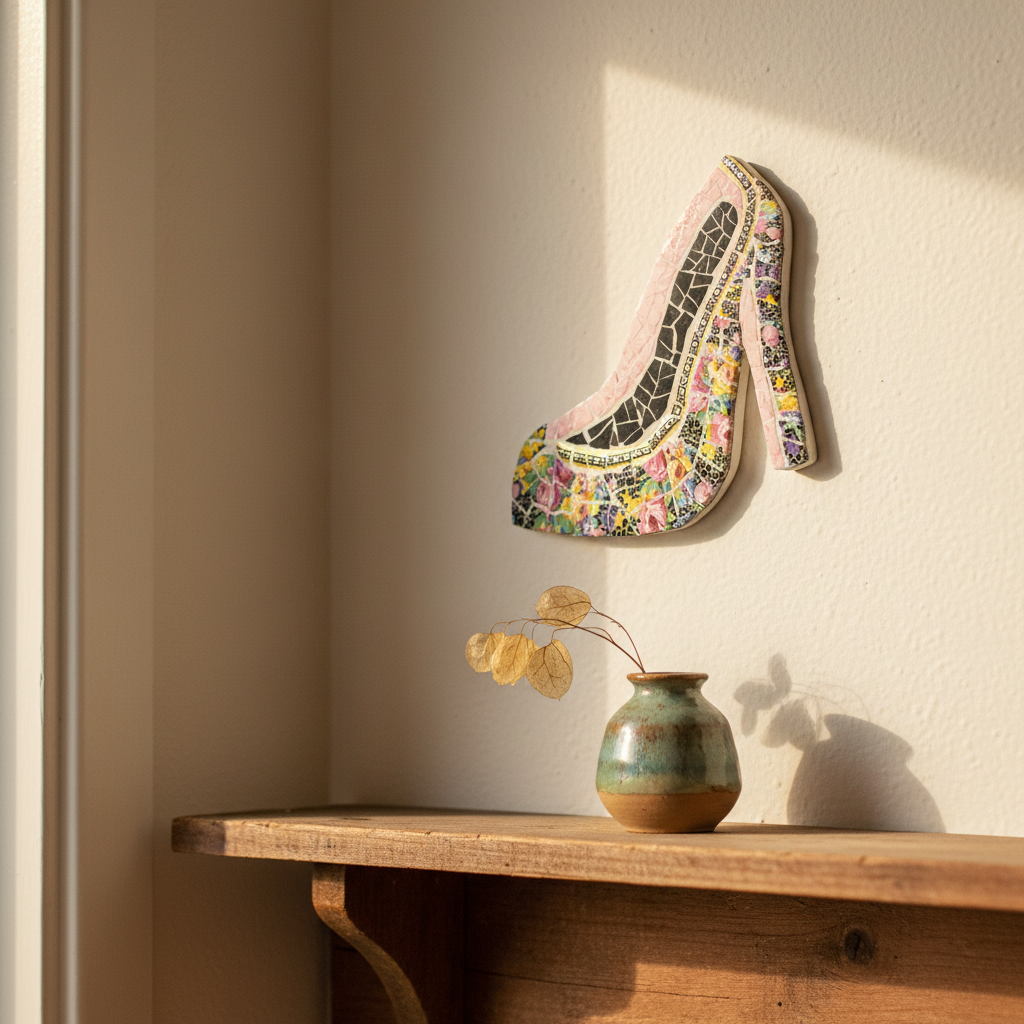 Mosaic shoe 01 wall hanging pink artist Janice Corbishley in home mockup 