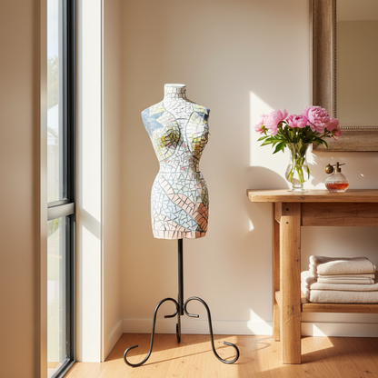 Mosaic torso sculpture by Janice Corbishley displayed in a warm contemporary NZ home interior, iridescent china mosaic figure on stand
