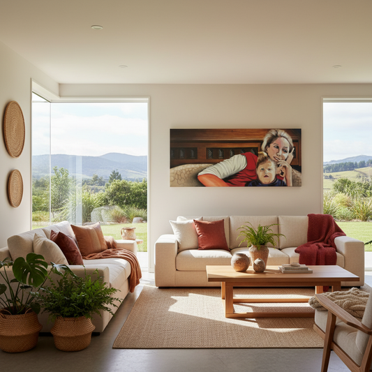 Mother and Child Union by David Jung displayed in a contemporary NZ home interior, wide panoramic figurative painting in warm reds and browns
