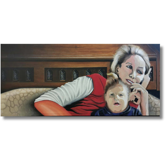 Mother and Child Union, original acrylic on canvas by David Jung, panoramic portrait of a mother and young child lying together in warm tones
