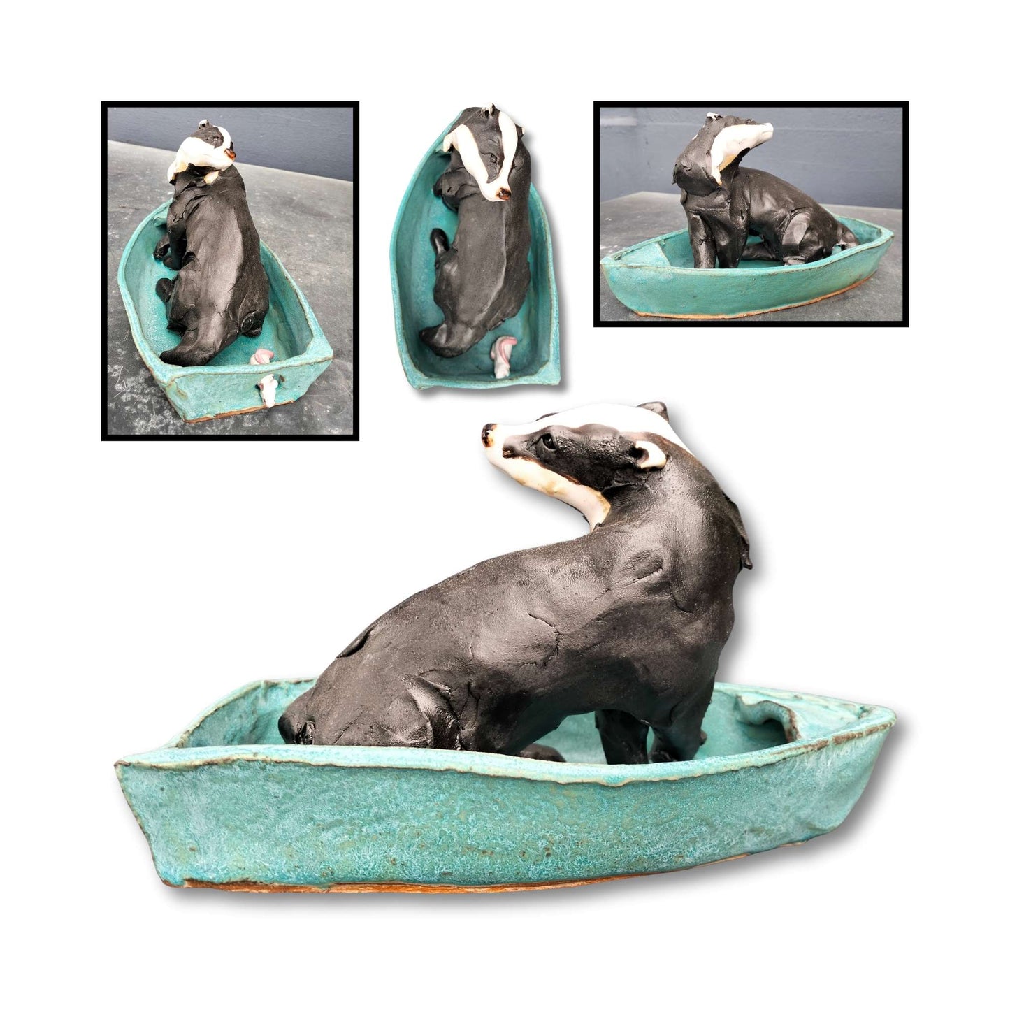 Ceramic sculpture of a black and white badger in a teal blue boat with a small mouse peeking from the back. Handmade by Kylie Matheson.