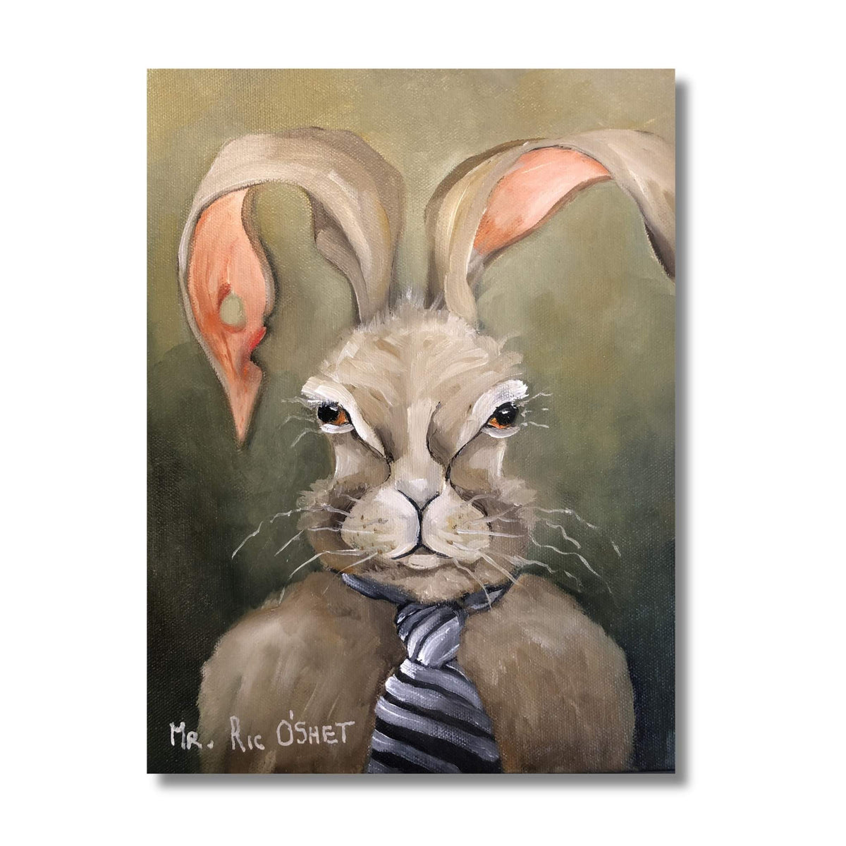 Mr. Ric O’Shet by Nola Weber, an oil portrait of a grey-brown rabbit with floppy pink-lined ears, a serious expression and a dark striped tie.
